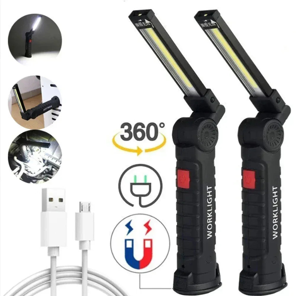COB LED Folding Flashlight Portable Magnetic Work Light Lantern USB Rechargeable Emergency Repair Camping Torch Lamp With Hook - Urbizia
