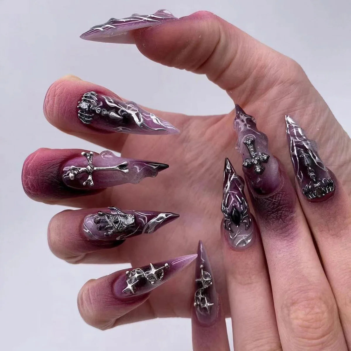 24Pcs Horror Comic Tomie Press on Nails – Almond Glossy Black Japanese Anime Nails, Reusable Halloween False Nail Tips