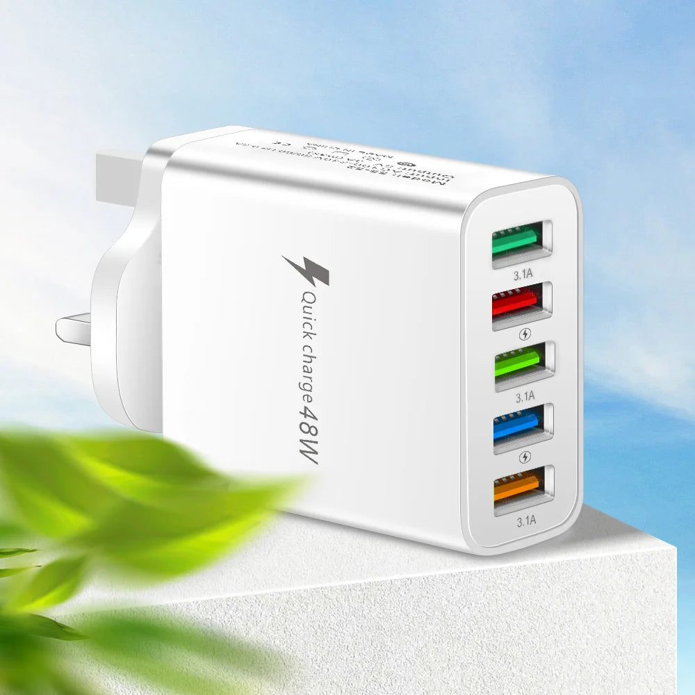 48W USB Charger Fast Charging QC3.0 Wall Charger Adapter For iPhone 14 13 Samsung Xiaomi Mobile Phone Charger 5 Ports EU US Plug
