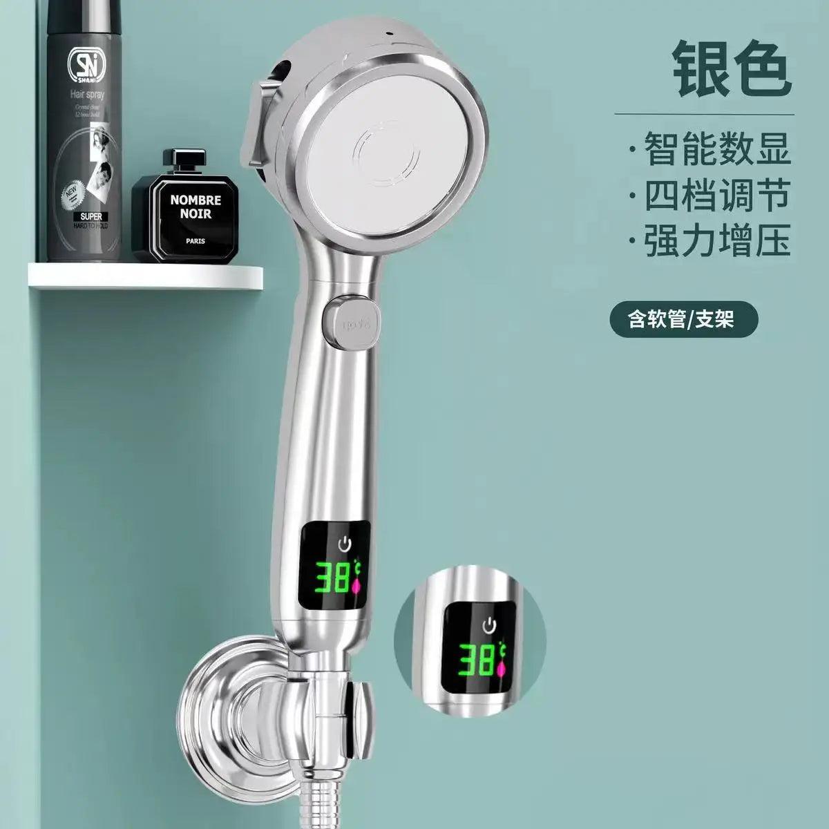 High Pressure Handheld Bathroom Shower Head Water Saving Showerhead Pressurized Adjustable Spray LED Digital Temperature Display