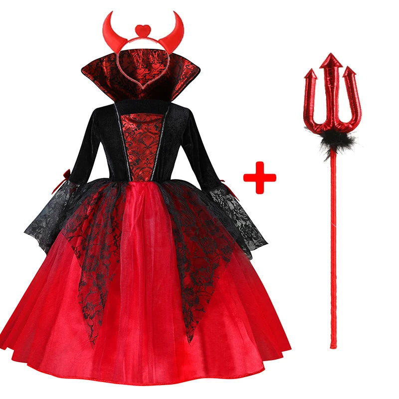 2025 Girls Cosplay Vampire Halloween Dress For Kids Ghost Bride Gothic Costume Count Vampiran Carnival Outfit Black Red Clothes