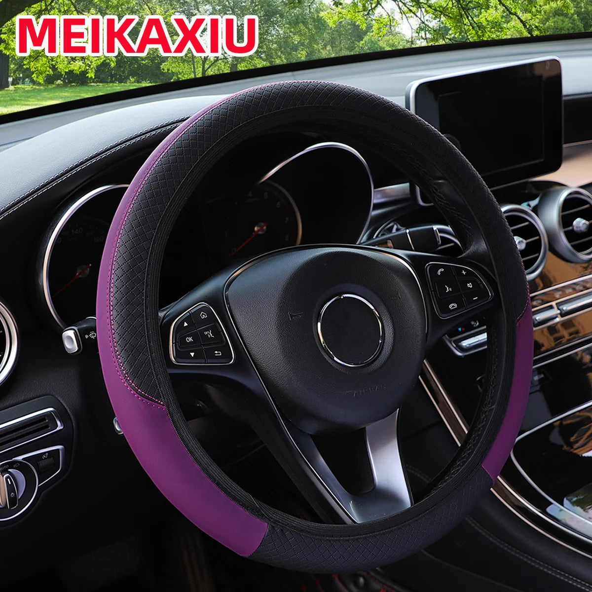 PU leather checkered embossed multi-color car rimless steering wheel cover suitable for 14.5 - 15 inch car interior accessories