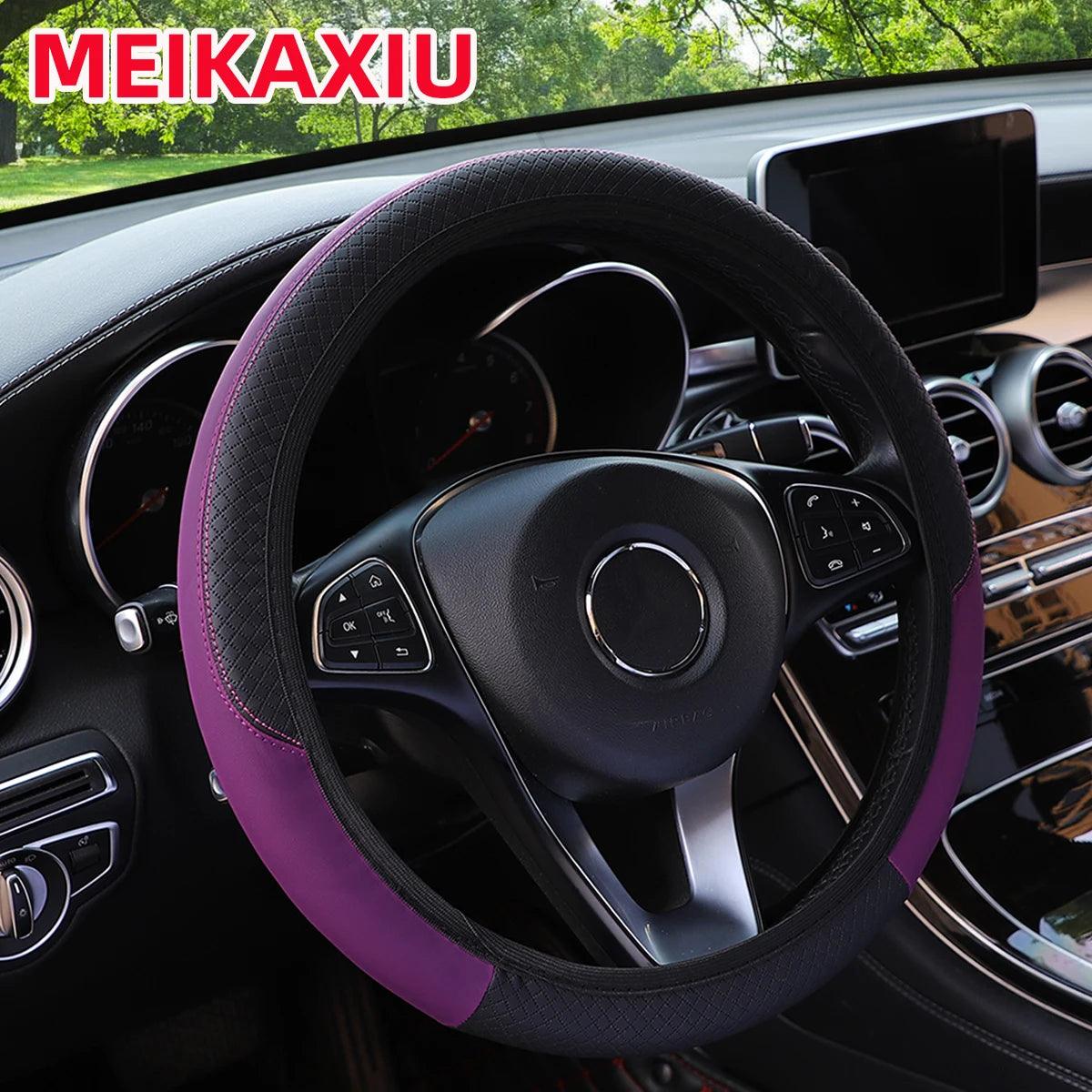 PU leather checkered embossed multi-color car rimless steering wheel cover suitable for 14.5 - 15 inch car interior accessories