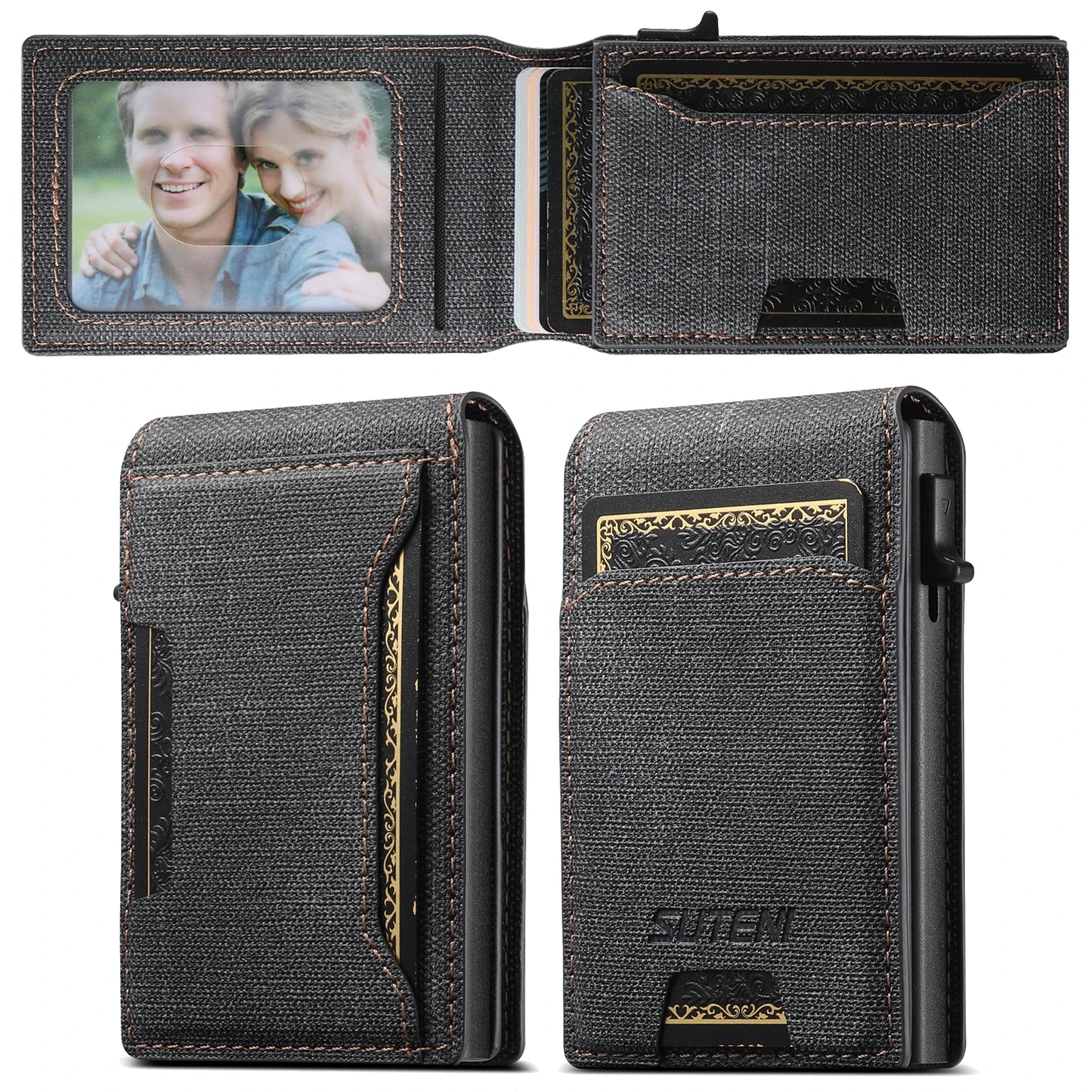 Push-out Card High Quality Faux Leather Card Holder Wallet Holder Large Capacity Can Hold 1-12 Cards 1 Photo Black/Brown/Blue