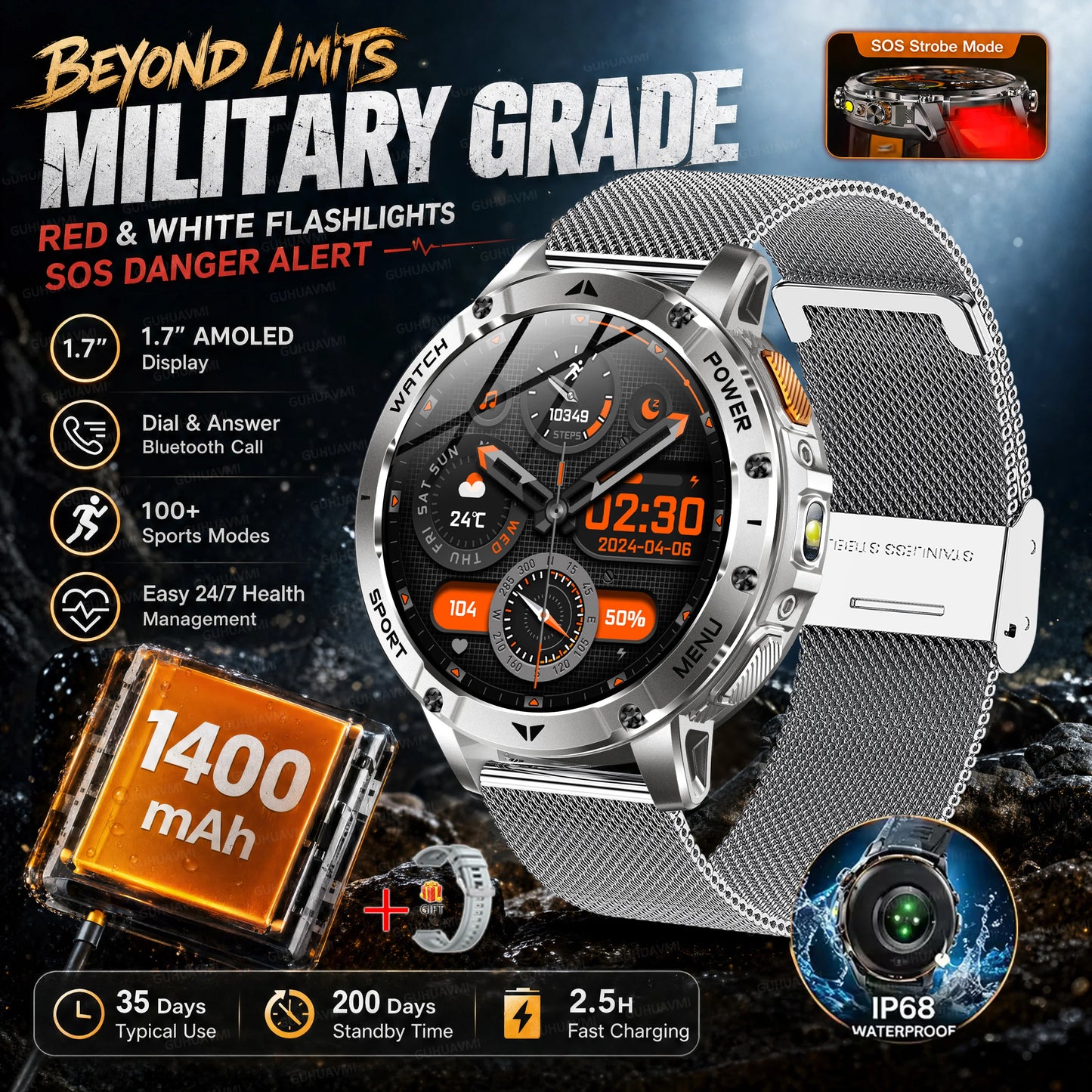 2026 New Military Outdoor Smart Watch Men 10ATM Waterproof Diving Heart Rate Monitor LED Flashlight Bluetooth Call Fitness Watch