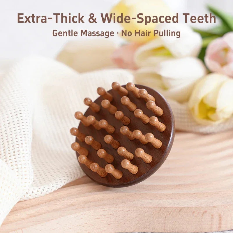Natural solid wood meridian massage comb round tooth GuaSha tool relieves headaches and relaxes scalp acupoint massage brush