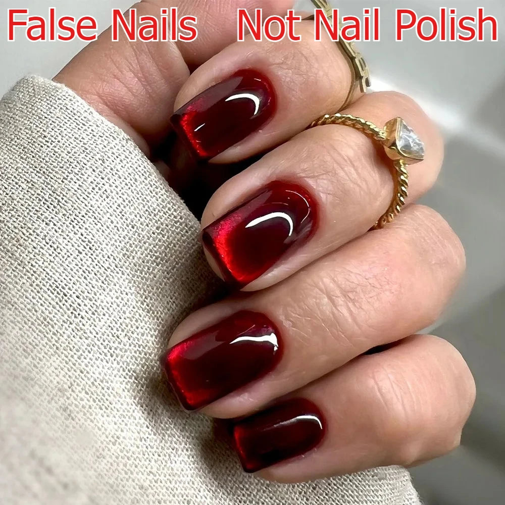 Sparkling Red Cat Eye Fake Nails – Solid Color Press-On Halloween Nails with Glue