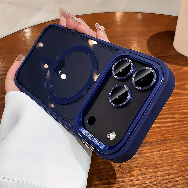 Luxury Magnetic Wireless Charging Lens Holder Case For iPhone 17 16 15 14 13 Pro Max Acrylic Shockproof Armor Transparent Cover