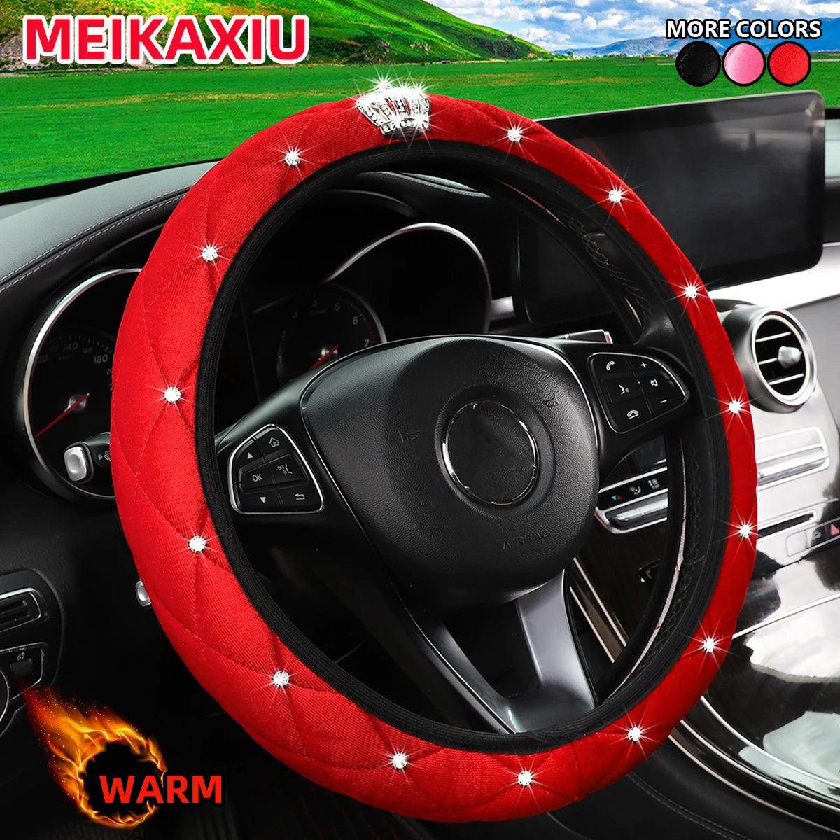 Winter Short Fur Velvet Steering Wheel Cover Diamond-Encrusted Crown Blingbling Car Interior Accessory without Inner Ring