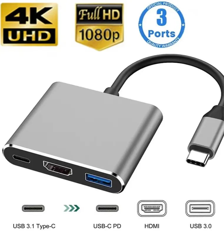 3-in-1 USB-C Hub:type-c 3in 1 PD100W+HDMI(4K/30Hz)+USB3.0