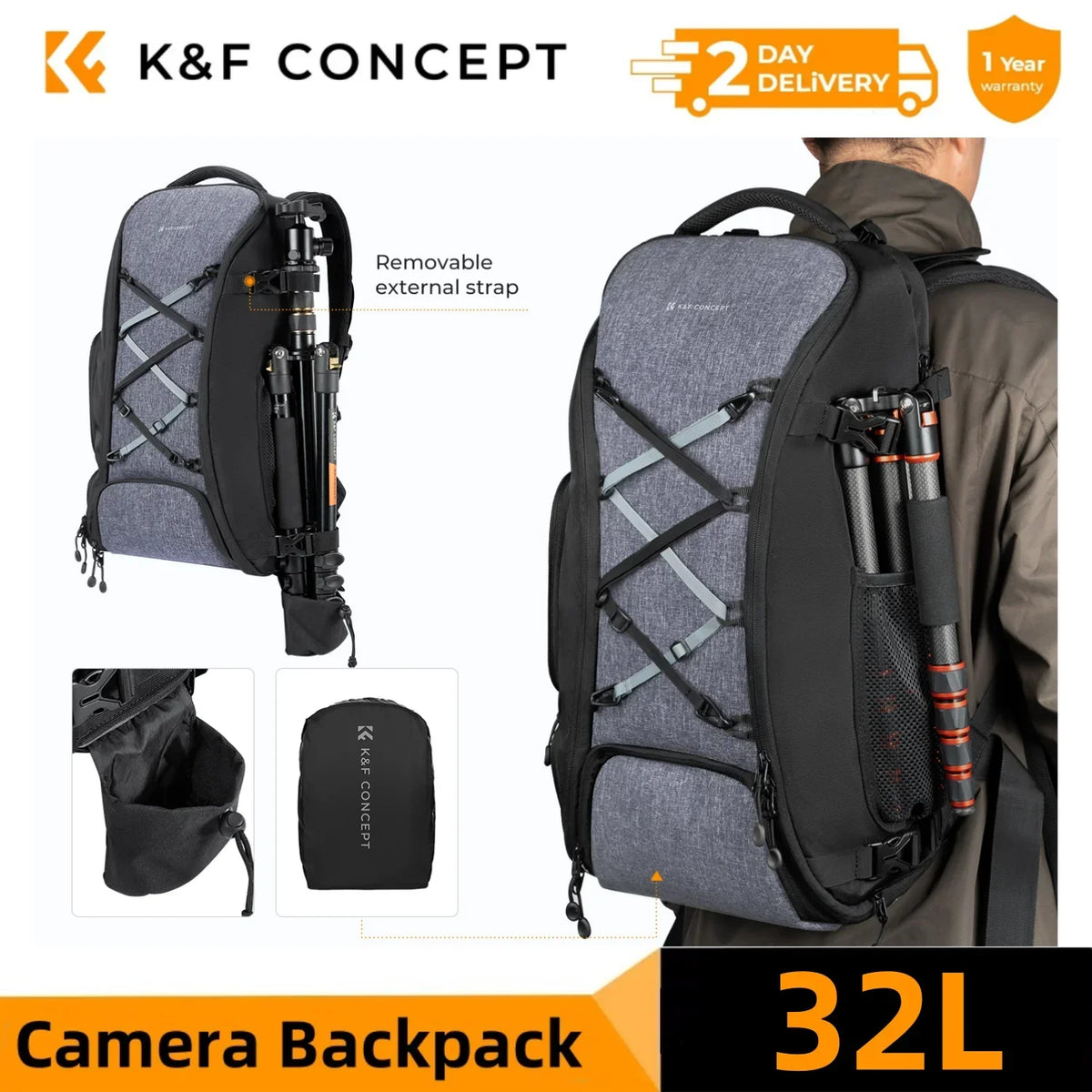 K&F CONCEPT 32L/25L Large Camera Backpack for Canon Sony DJI DSLR/SLR Camera Bag Case 15" Laptop with Tripod Strap and Raincover