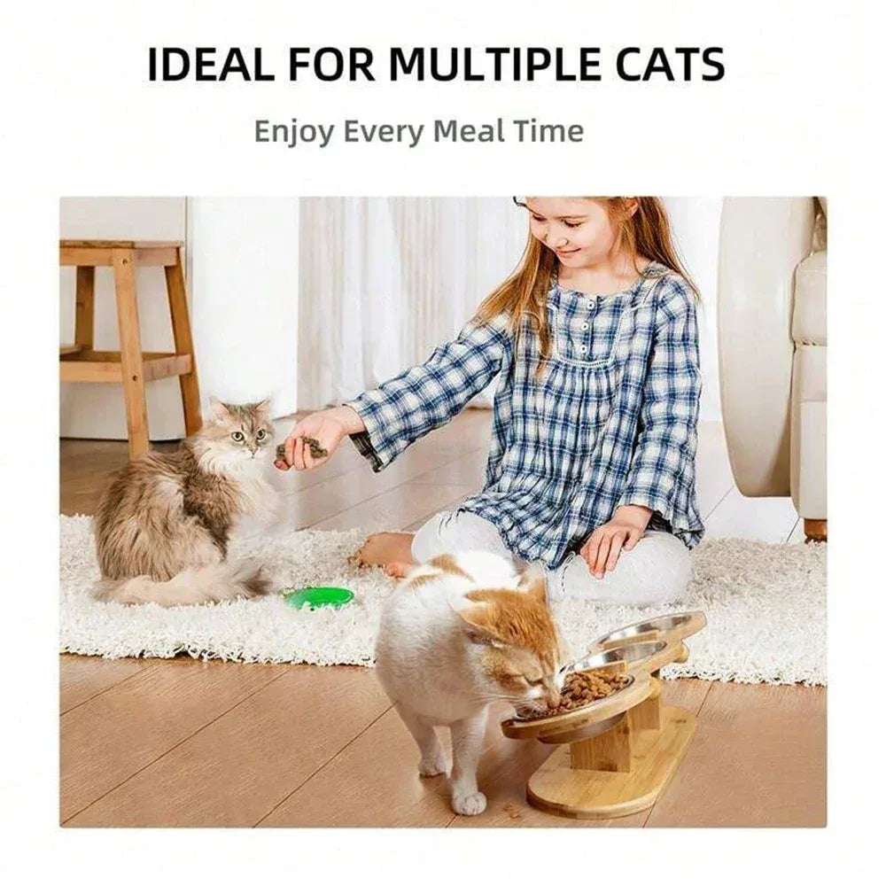 Cat 3 Bowls in 1 Feeder Feeding & Watering Supplies Food Bowl 15-Degree Tilt Raised Puppy 3 Stainless Steel Bowls Wood Brackets - Urbizia