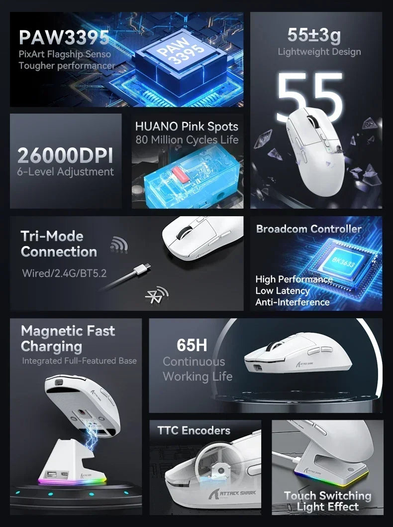 Attack Shark X6 Gaming Mouse – PAW3395 Sensor, Tri-Mode Bluetooth/2.4G, RGB Magnetic Charging Base
