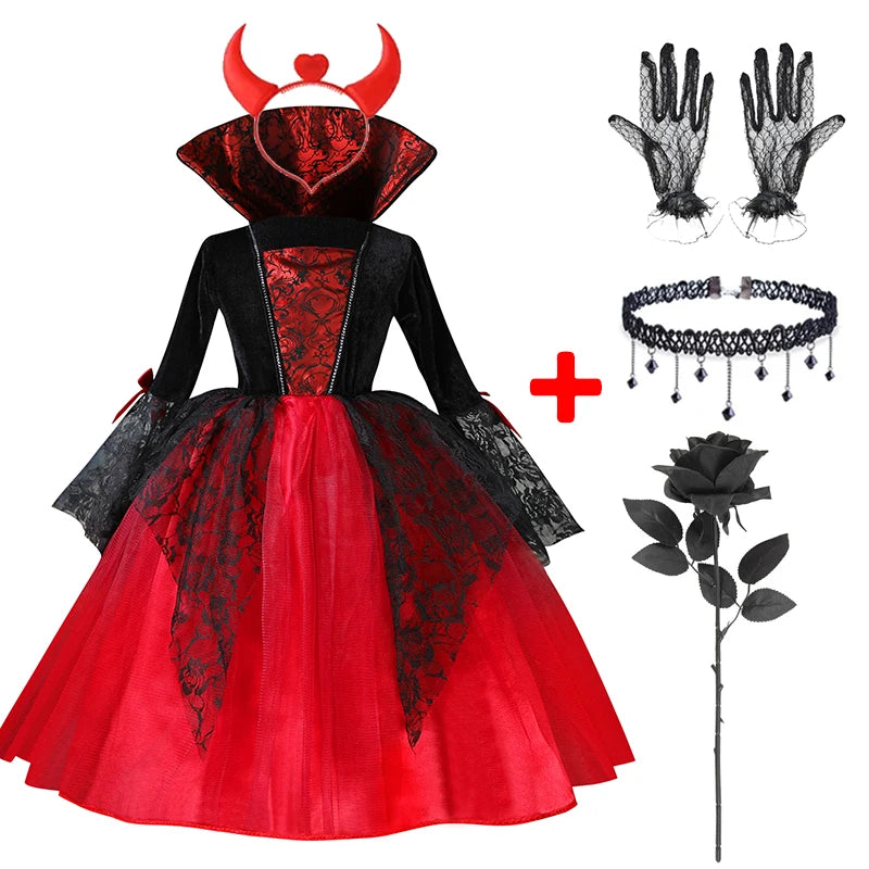 2025 Girls Cosplay Vampire Halloween Dress For Kids Ghost Bride Gothic Costume Count Vampiran Carnival Outfit Black Red Clothes