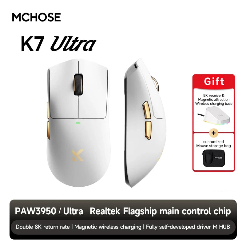 MCHOSE K7 Ultra Wireless Gaming Mouse PAW3950 Dual 8K Polling Rate Lightweight Magnetic Wireless Charging Dock Esports Office