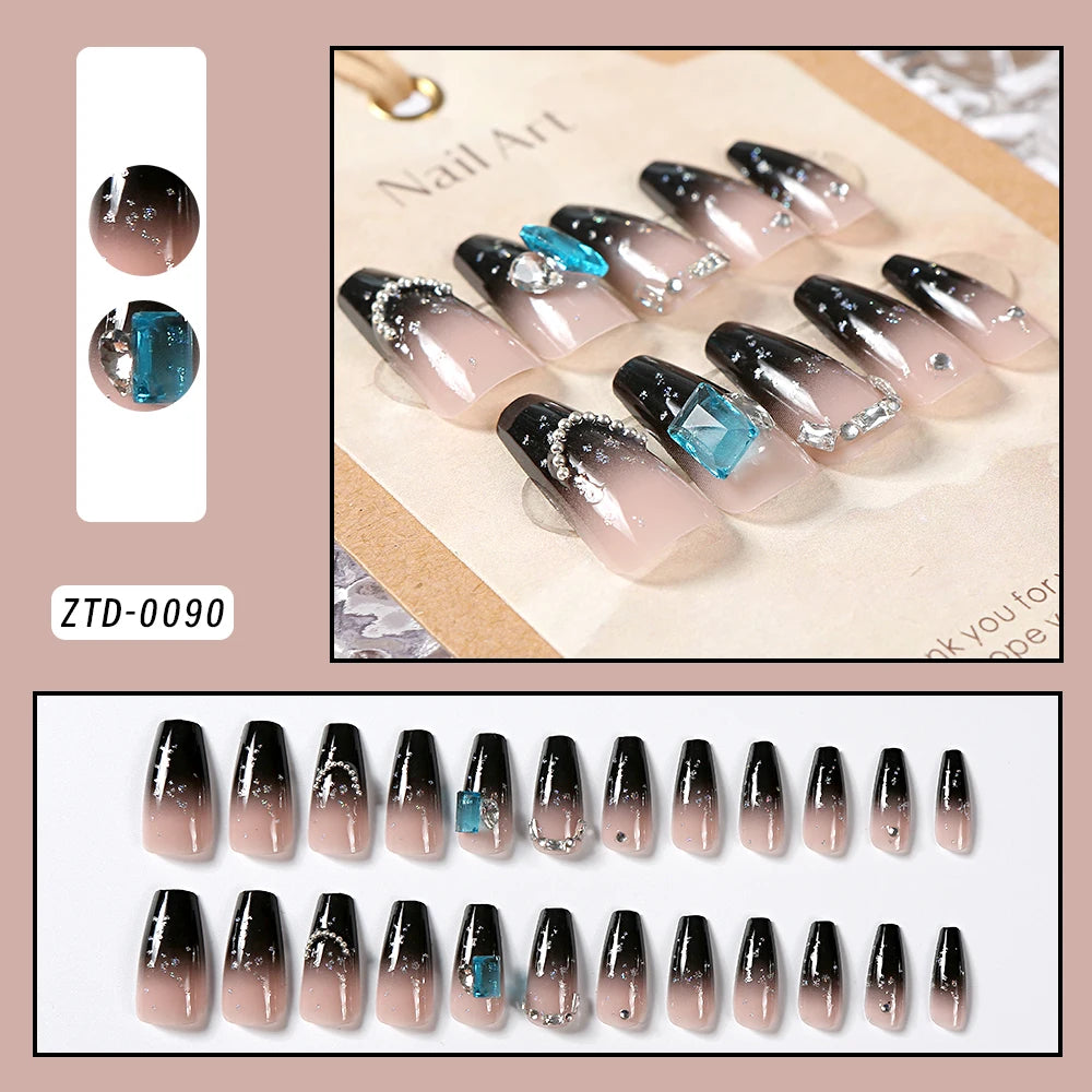 24Pcs Black Glossy Halloween Almond Fake Nails – Gradient French Press-on Nails with Rose, Heart & Skull Designs