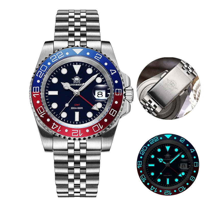 ADDIESDIVE AD2050 Luxury GMT Watch Stainless Steel Super Luminous 20Bar Water-Resistance Diving Men Quartz Watches Ceramic Bezel
