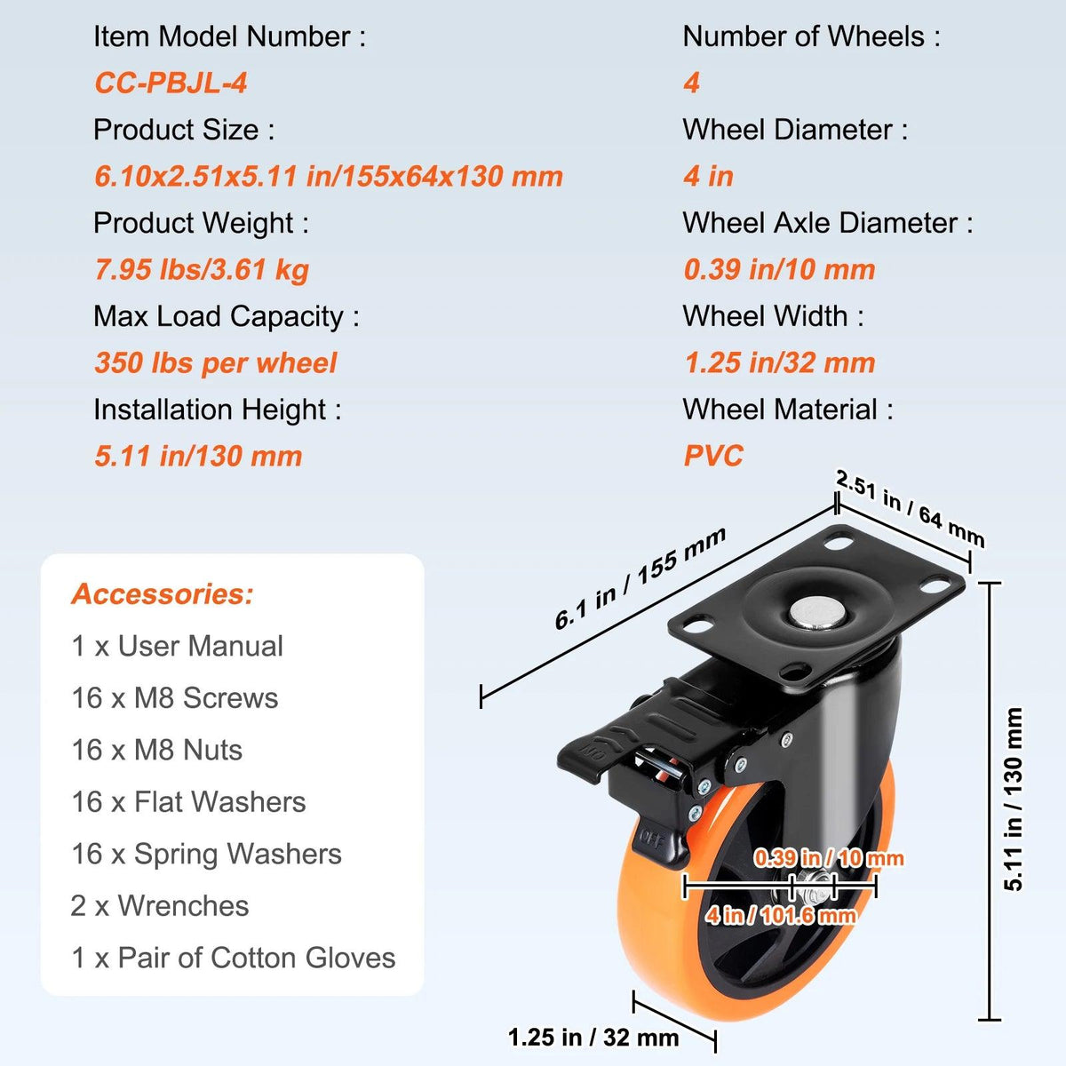 SucceBuy Swivel Plate Casters Set of 4 – Dual Lock, PVC Wheels
