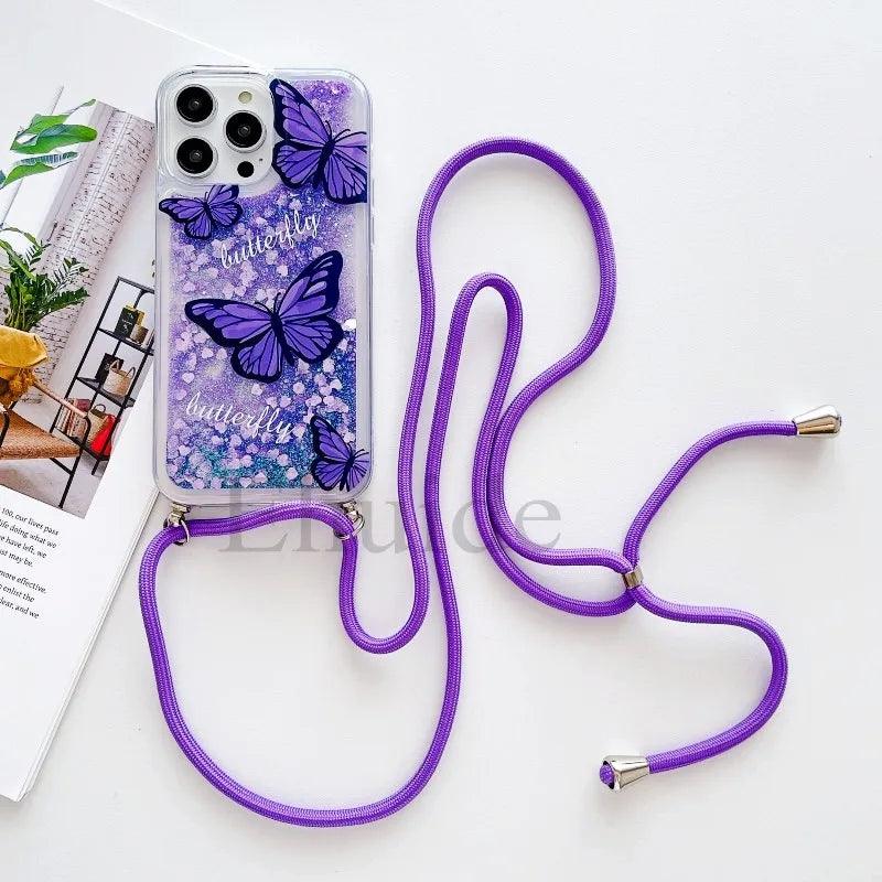 Quicksand Strap Case For Samsung Galaxy S26 Ultra S24 S23 S25 Plus S21 S22 S20 FE Liquid Glitter Flower Crossbody Lanyard Cover