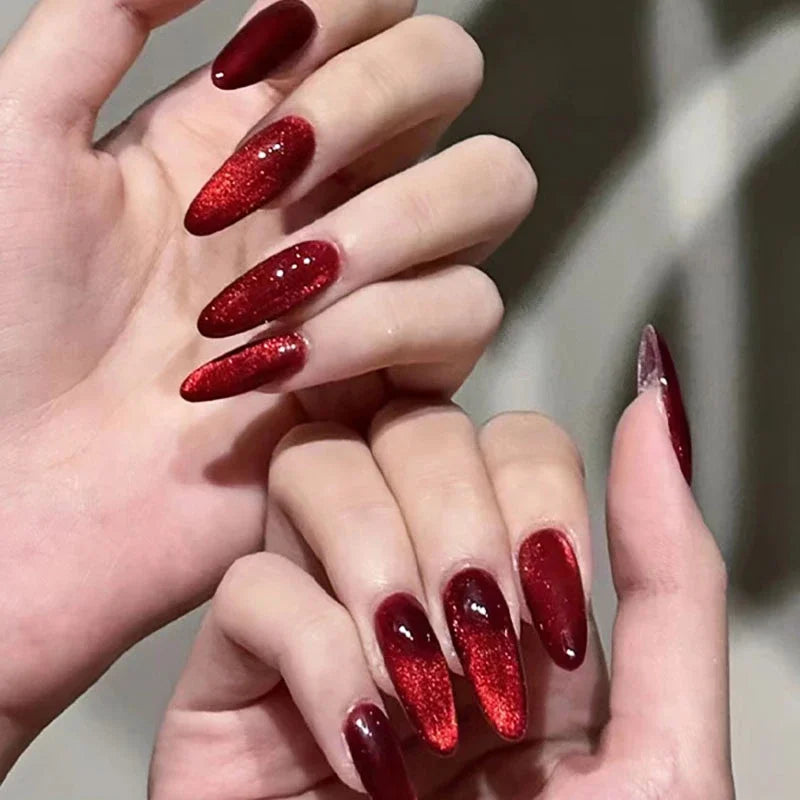 Sparkling Red Cat Eye Fake Nails – Solid Color Press-On Halloween Nails with Glue