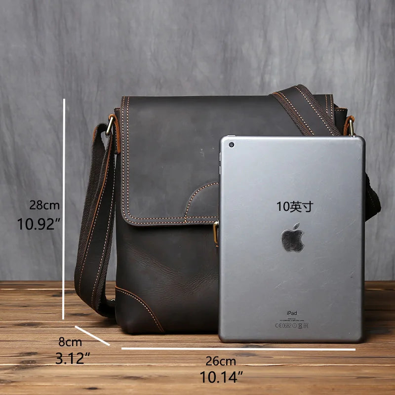 NZPJ Retro Men's Leather Shoulder Bag First Top Layer Cowhide Messenger Bag Casual Vertical Men's Bag Suitable For 11-Inch Ipad