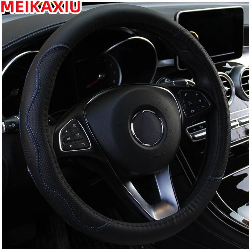 38cm PU Fiber Leather Steering Wheel Cover Embossed Style round Car Decorations Accessory with Inner Ring for All Seasons