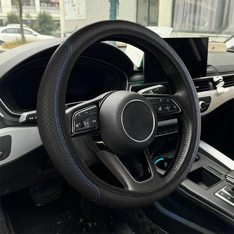 PU Leather Steering Wheel Cover 15\"/38CM Universal Fit Anti-Slip Car Steering Protector With Good Grip Install Easily Interior Accessories Auto Steering Protector