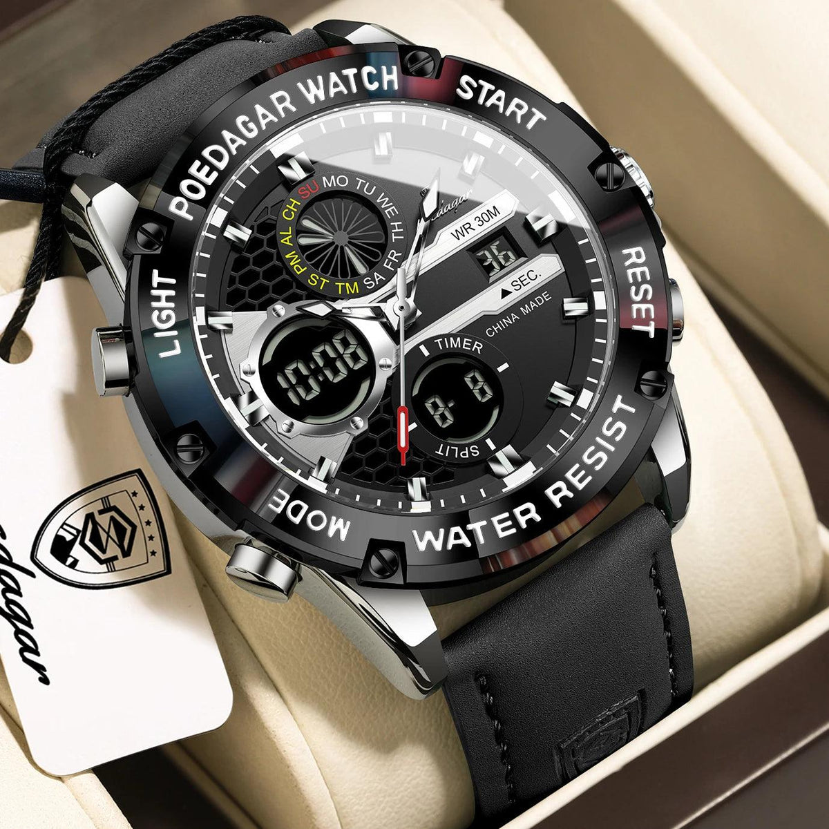 POEDAGAR Top Fashion Man Clock Waterproof Electronic LED Luxury Men's Watches Dual Time Display Digital Leather Men Quartz Watch