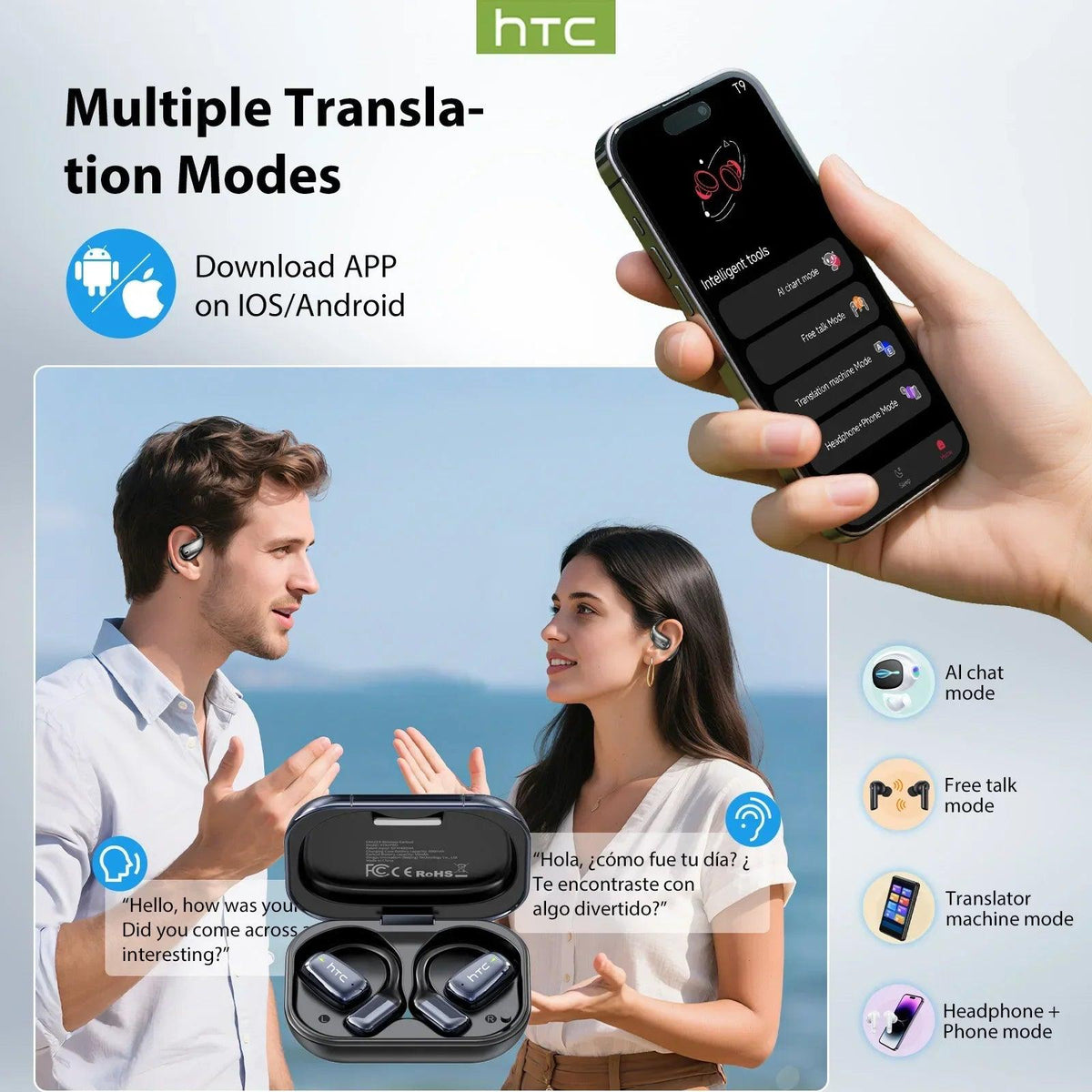 HTC NE25 AI Translator Wireless Earbuds with LCD Touch Screen