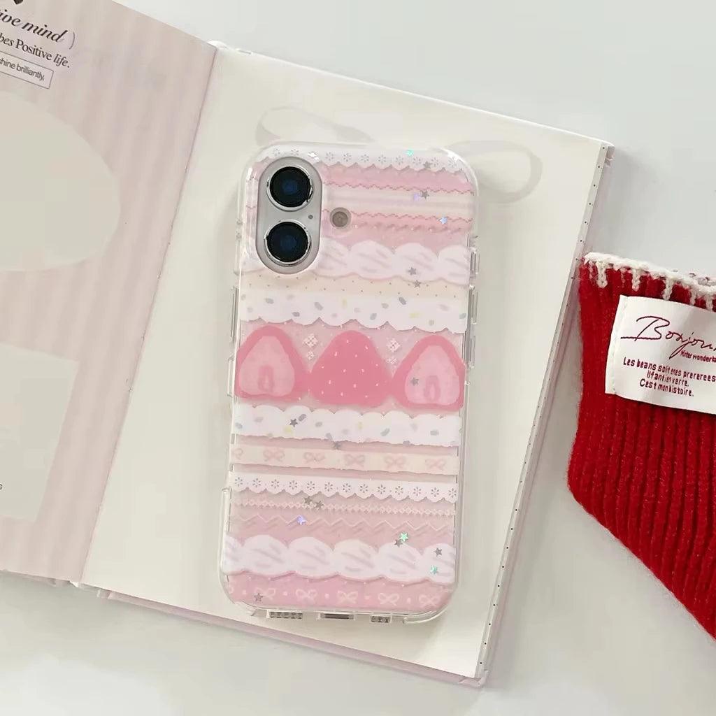 Cream Strawberry Cake Lace Bowknot Phone Case For iPhone 17 Air 16 ProMax 15 14 Plus 13 12 11 Pro Shockproof Silicone Back Cover