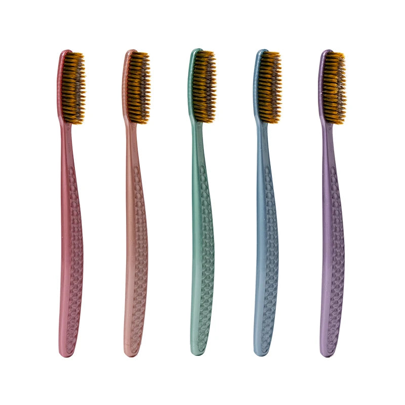 soft hair toothbrush 5pcs bag with curved extended brush head for deep oral cleaning in 5 colors for adults,