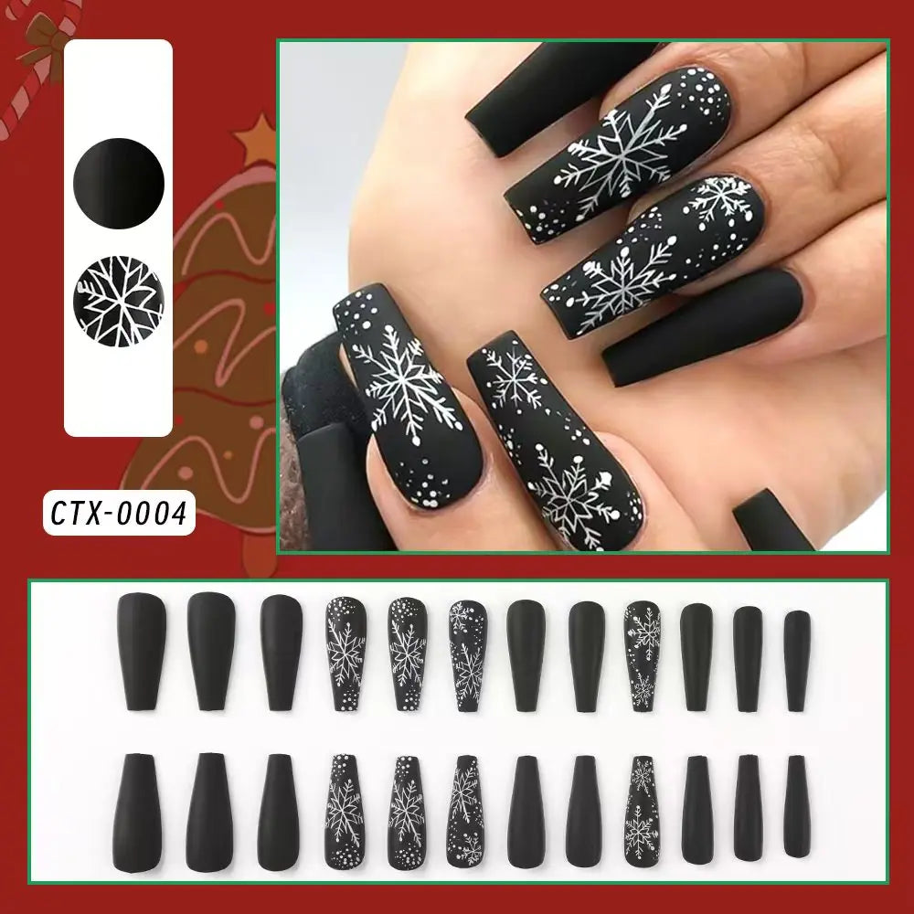 24Pcs Black Glossy Halloween Almond Fake Nails – Gradient French Press-on Nails with Rose, Heart & Skull Designs