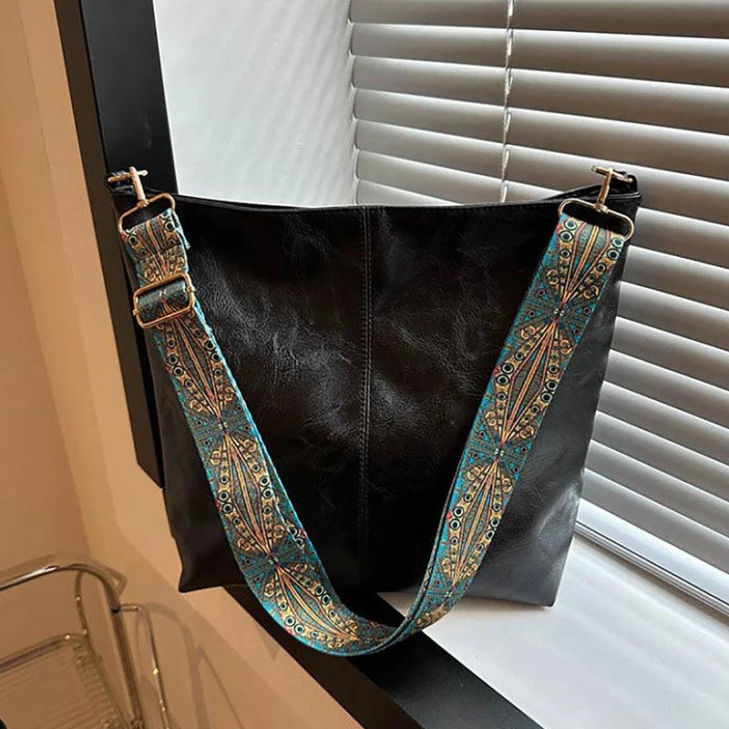 Wide Geometric Strap Shoulder Bag Large Capacity Crossbody Bags For Women,Retro Pu Leather Women's Bag For Shopping Travel