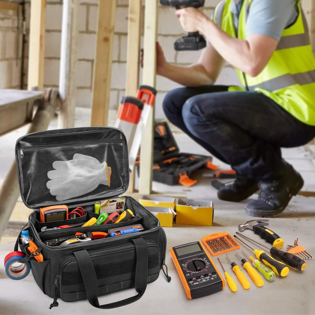 14" Heavy Duty Tactical Tool Bag Non-slip Base Multipurpose Organizer for Handymen Carpenters Durable Portable Tool Storage