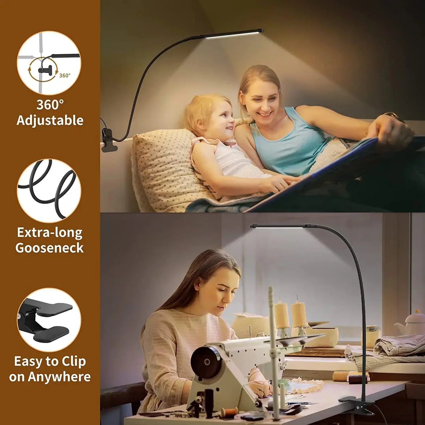10W LED Desk Lamp with Clamp Dimmable Clip On Reading Light 10 Brightness Level 3 Lighting Modes Flexible Study Table Lamp USB - Urbizia