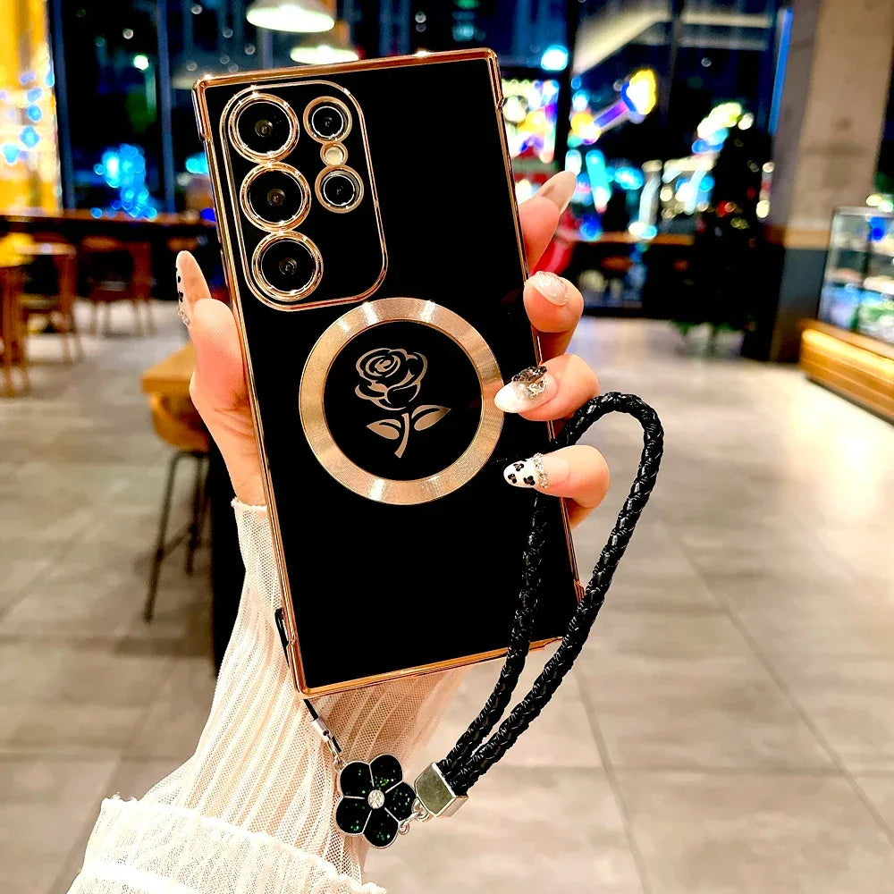 Rose Plated TPU Phone Case with Lanyard Strap