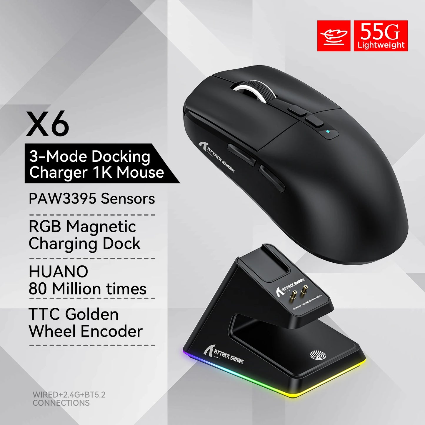 Attack Shark X6 Gaming Mouse – PAW3395 Sensor, Tri-Mode Bluetooth/2.4G, RGB Magnetic Charging Base