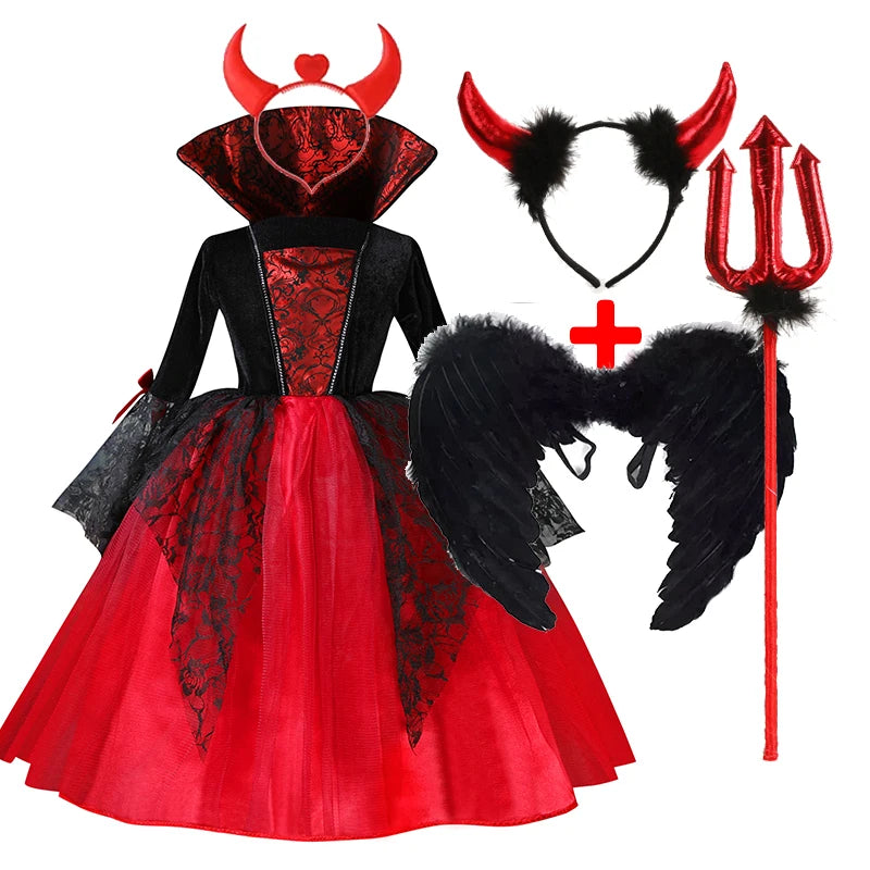 2025 Girls Cosplay Vampire Halloween Dress For Kids Ghost Bride Gothic Costume Count Vampiran Carnival Outfit Black Red Clothes
