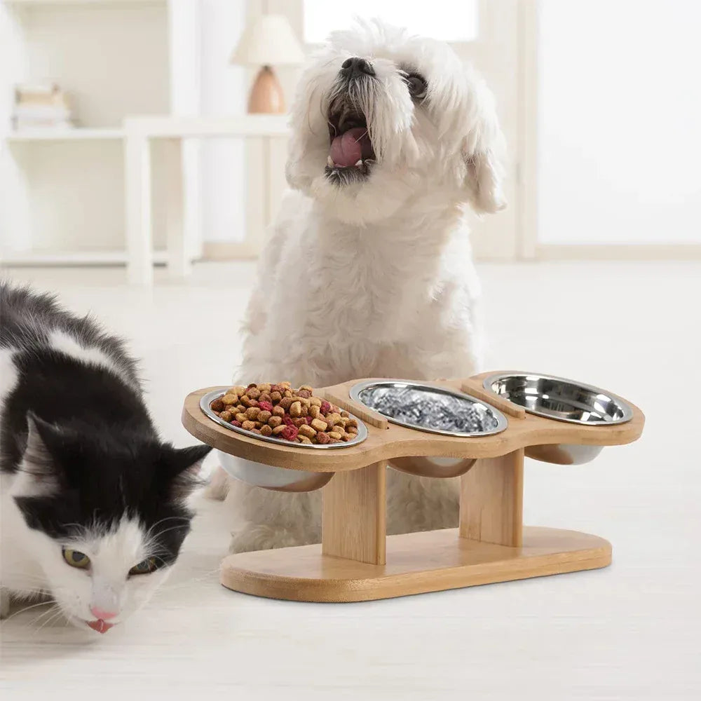 Raised Cat Feeder 3 Bowls in 1 Feeding & Watering Supplies 15° Raised Puppy 3 Stainless Steel Bowls Wood Stand Cats Accessories - Urbizia