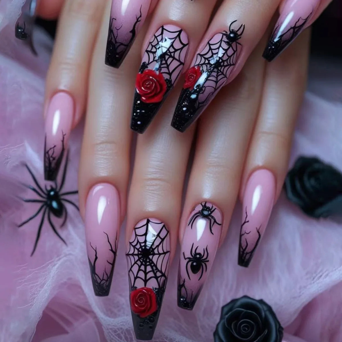 24pcs Silver Spider Design Press-On Nails – Gothic Punk Almond Shaped Halloween False Nail Tips