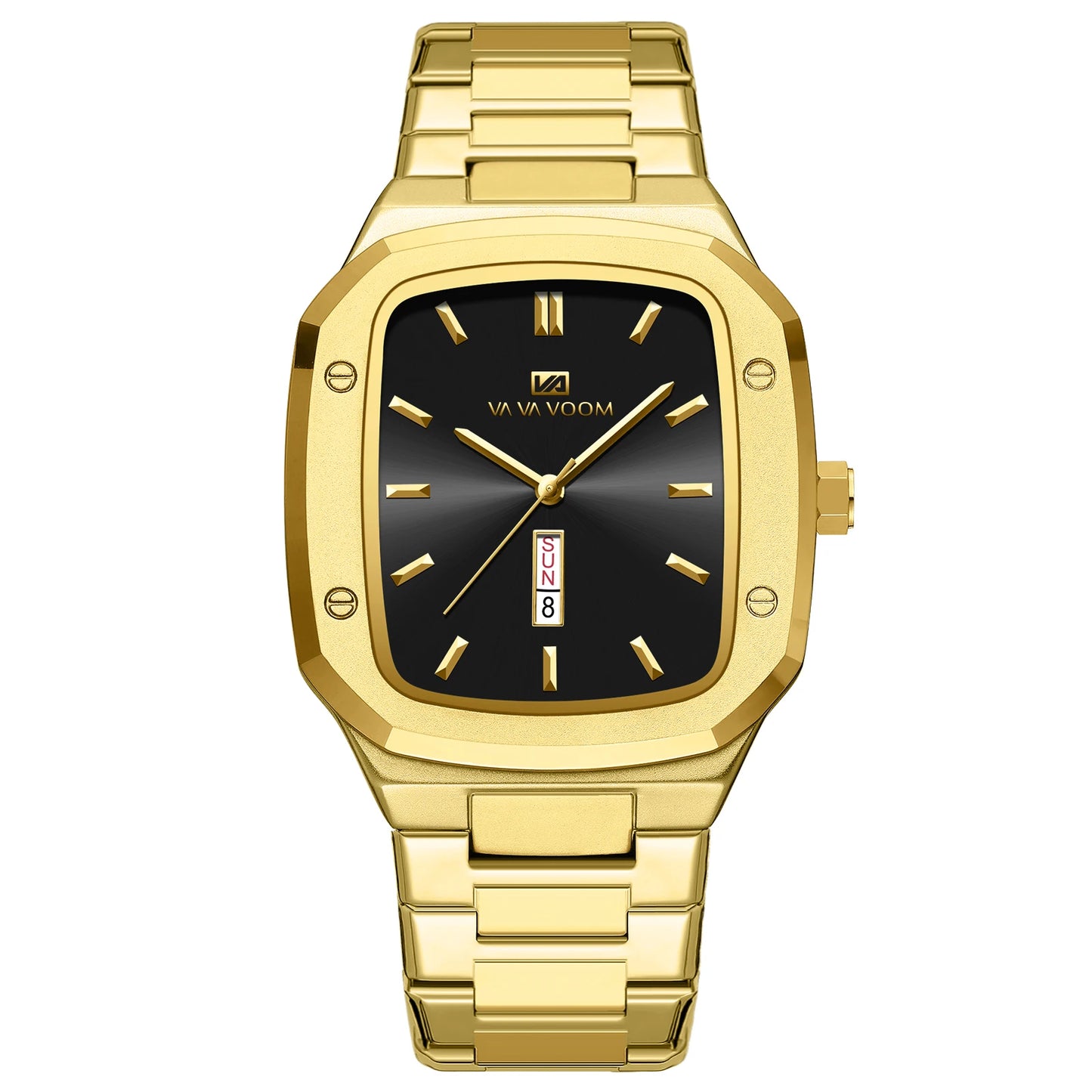 2024 New Men Watch Fashion Square Stainless Steel Strap Blue Gold 3Bar Quartz Week Calendar Simulated Business Sports WristWatch