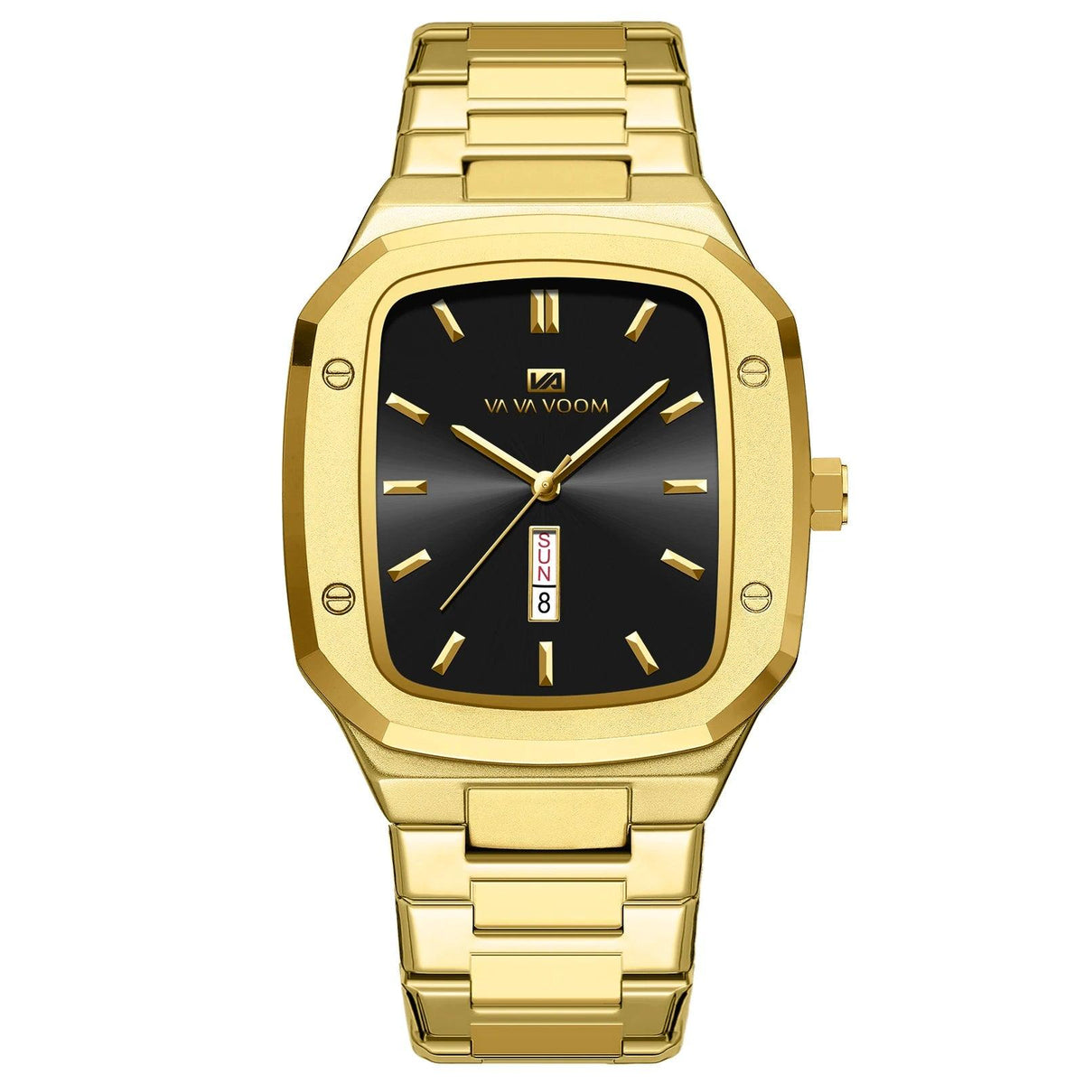 2024 New Men Watch Fashion Square Stainless Steel Strap Blue Gold 3Bar Quartz Week Calendar Simulated Business Sports WristWatch