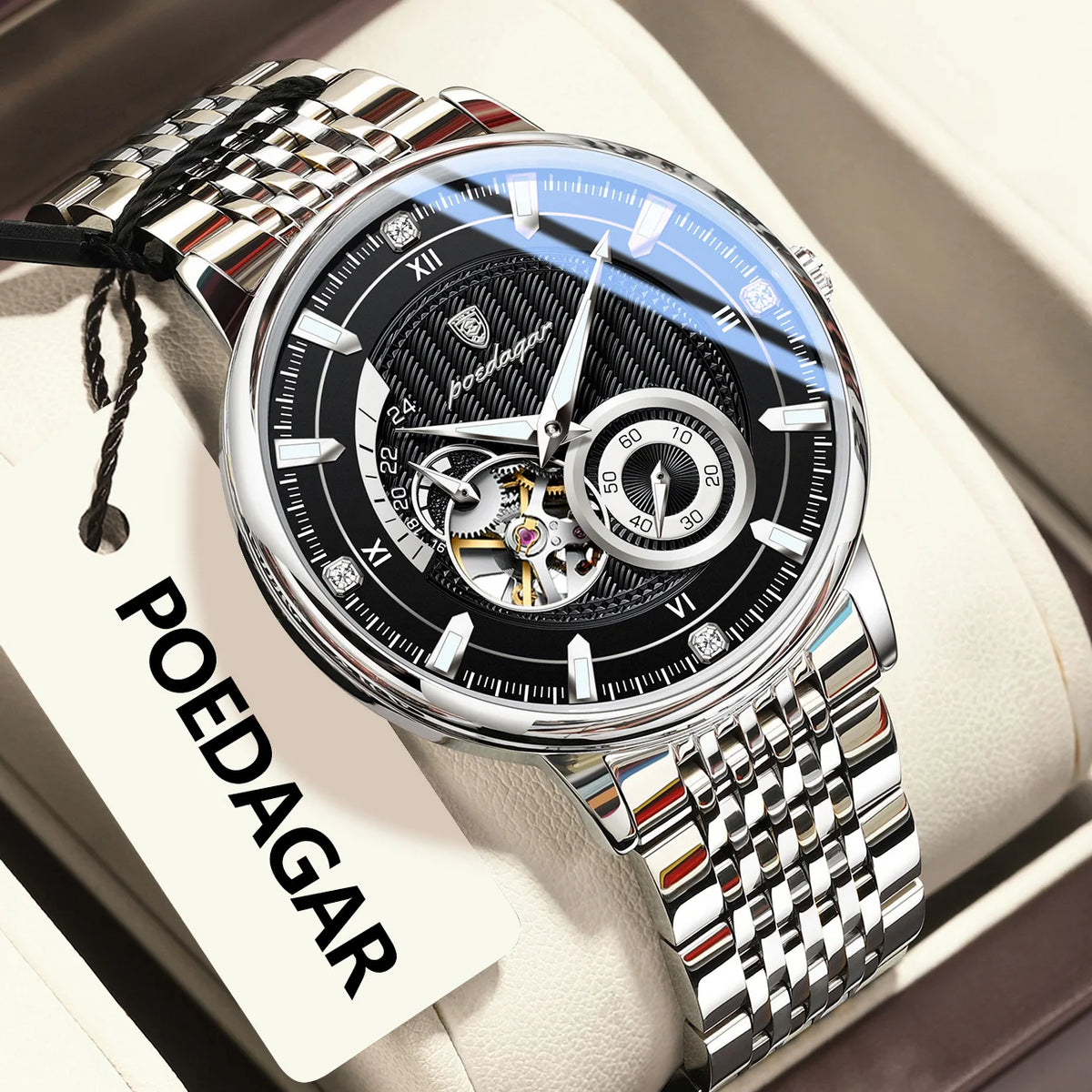 POEDAGAR Top Luxury Man Wristwatch Luminous Hollow Tourbillon Stainless Steel Men Clock Mechanical Automatic Men's Watches Reloj