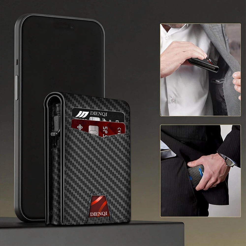RFID Carbon Fiber Credit Card Holder Men's Wallet Minimalist Pop Up Metal Case Bifold Smart Wallets Business Cardholder for Men