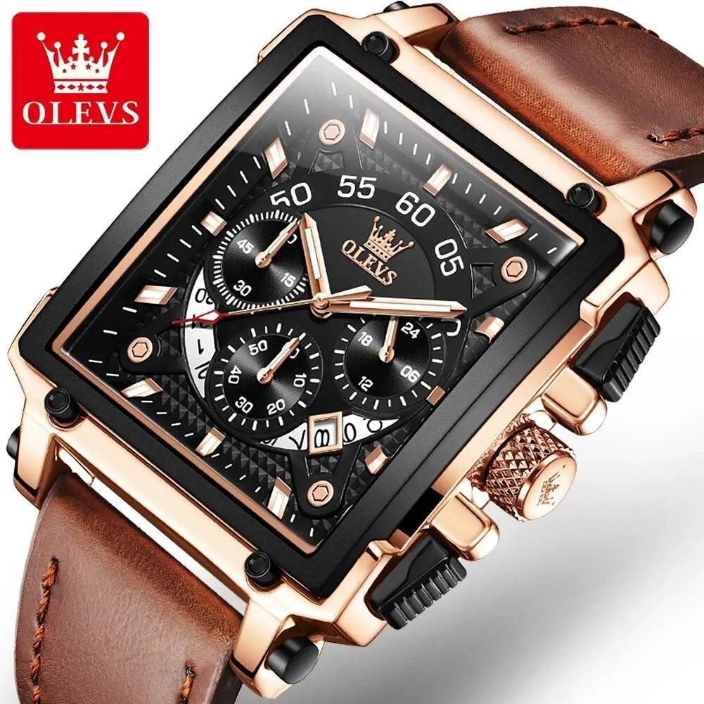 OLEVS 9919 Men Watch Fashion Square Dial Leather Strap Chronograph Waterproof Sports Clock Luxury Original Quartz Wristwatch Man