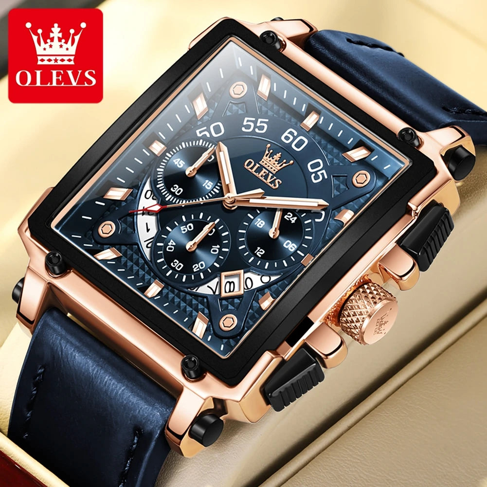 OLEVS 9919 Men Watch Original Brand Square Quartz Watch Waterproof Luminous Leather Strap Sport Clock Male Watch For Men