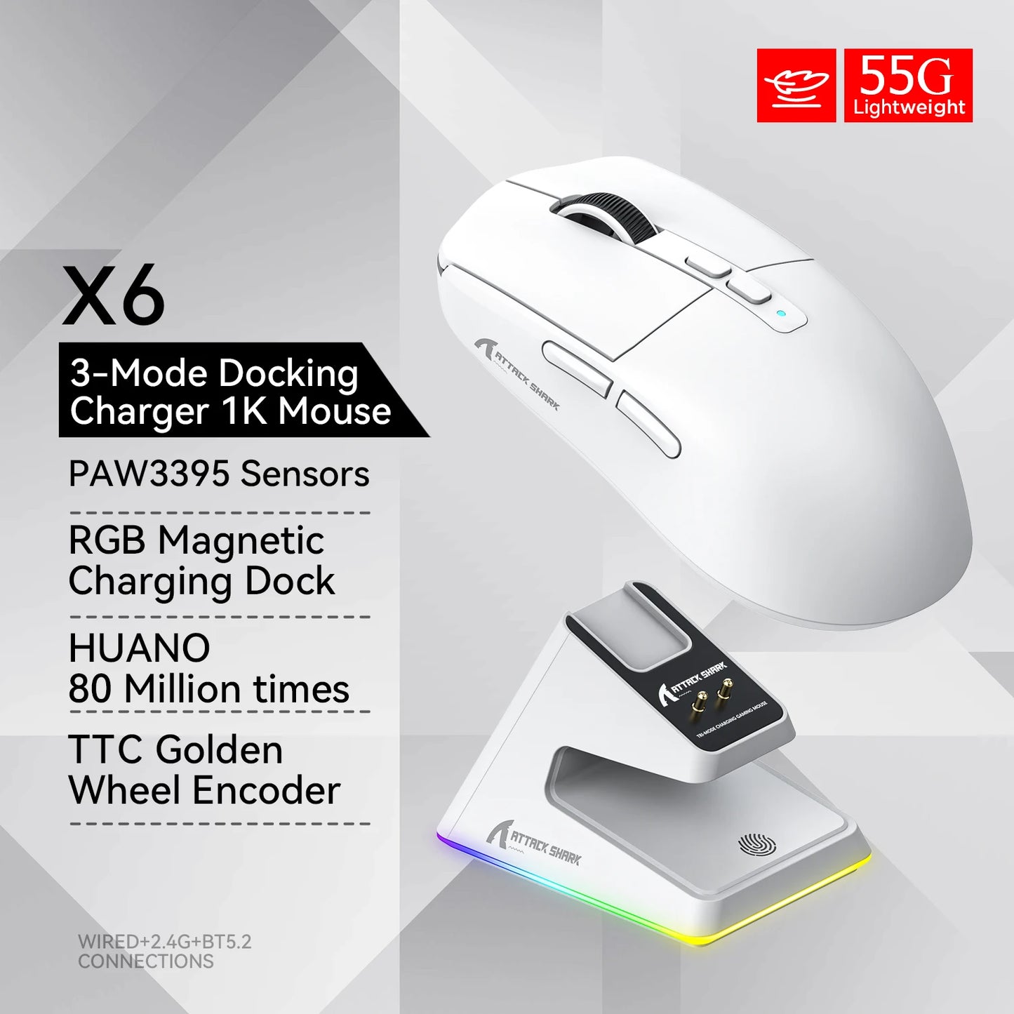 Attack Shark X6 Gaming Mouse – PAW3395 Sensor, Tri-Mode Bluetooth/2.4G, RGB Magnetic Charging Base