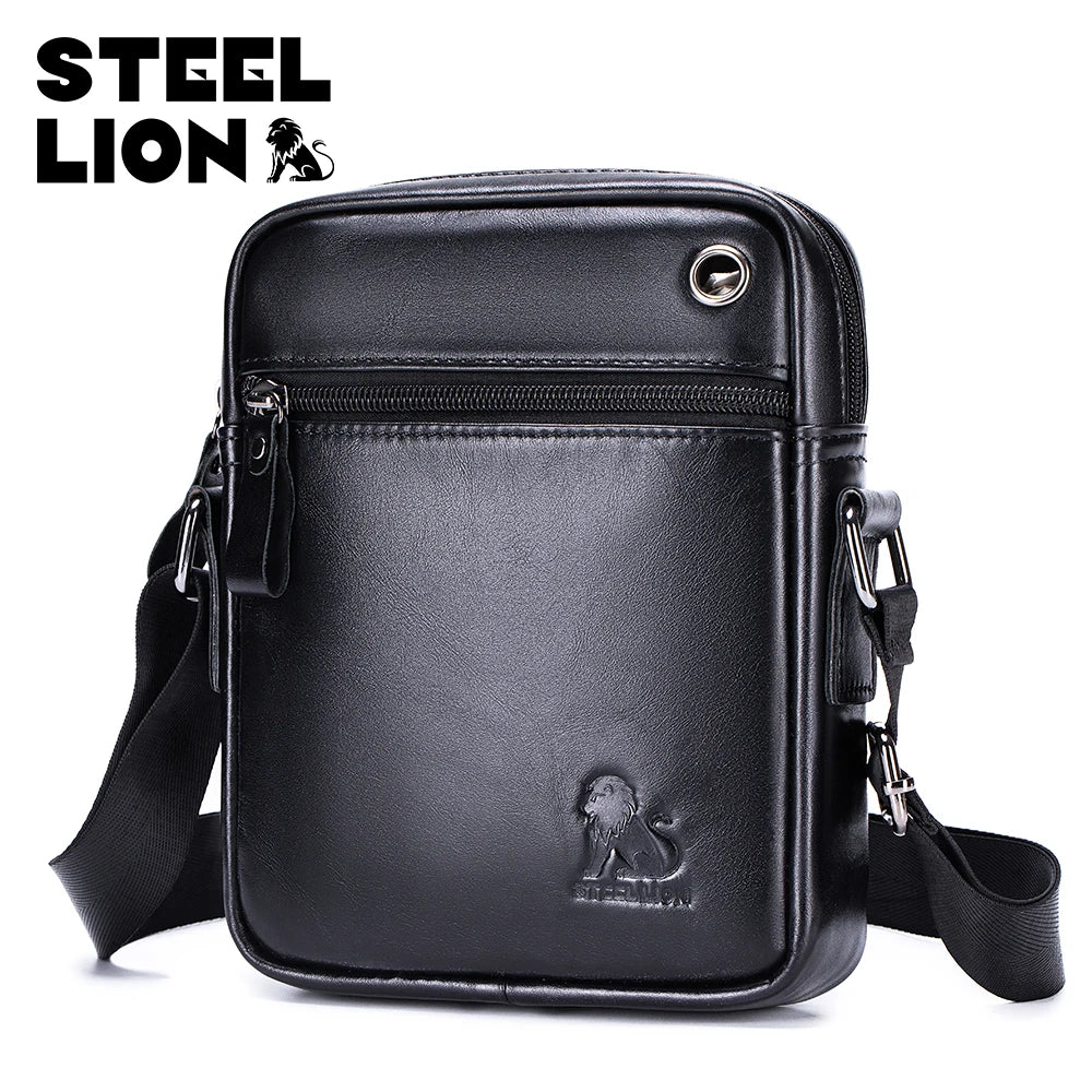 STEEL LION Men's Genuine Leather Crossbody Bag, Cowhide Business Vertical Mini Casual Shoulder Bag, Mobile Phone Bag