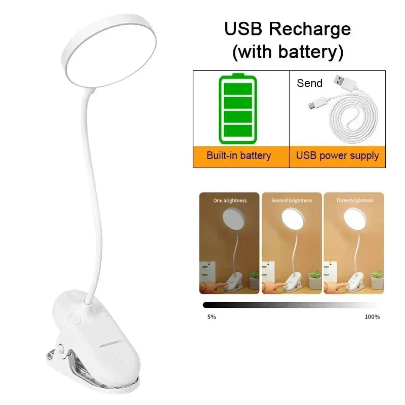USB Rechargeable LED Desk Lamp,3 Modes Touch Dimming Eye-Caring Table Lamp w/Folding Clamp,Portable Night Light for Study Read - Urbizia