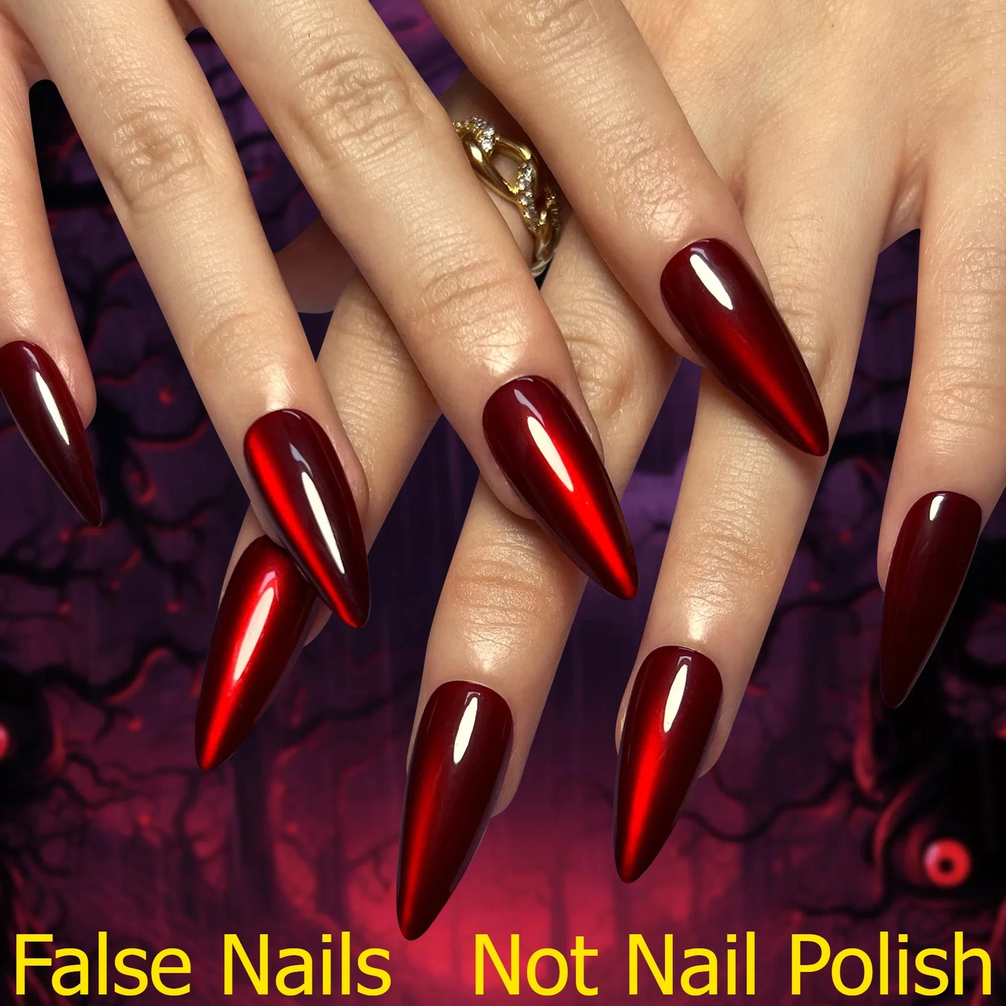 Sparkling Red Cat Eye Fake Nails – Solid Color Press-On Halloween Nails with Glue